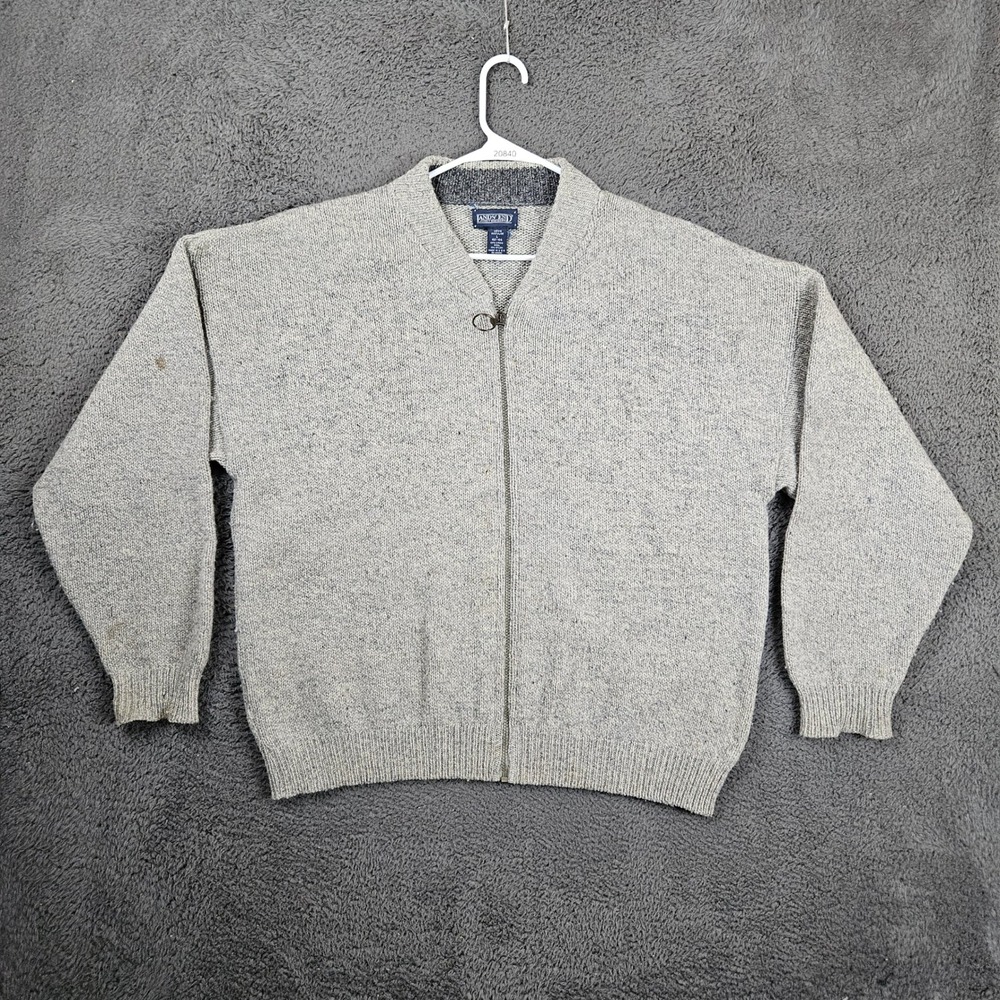 Lands End Mens Large‎ Gray Virgin Wool Full Zip Sweater Made in USA